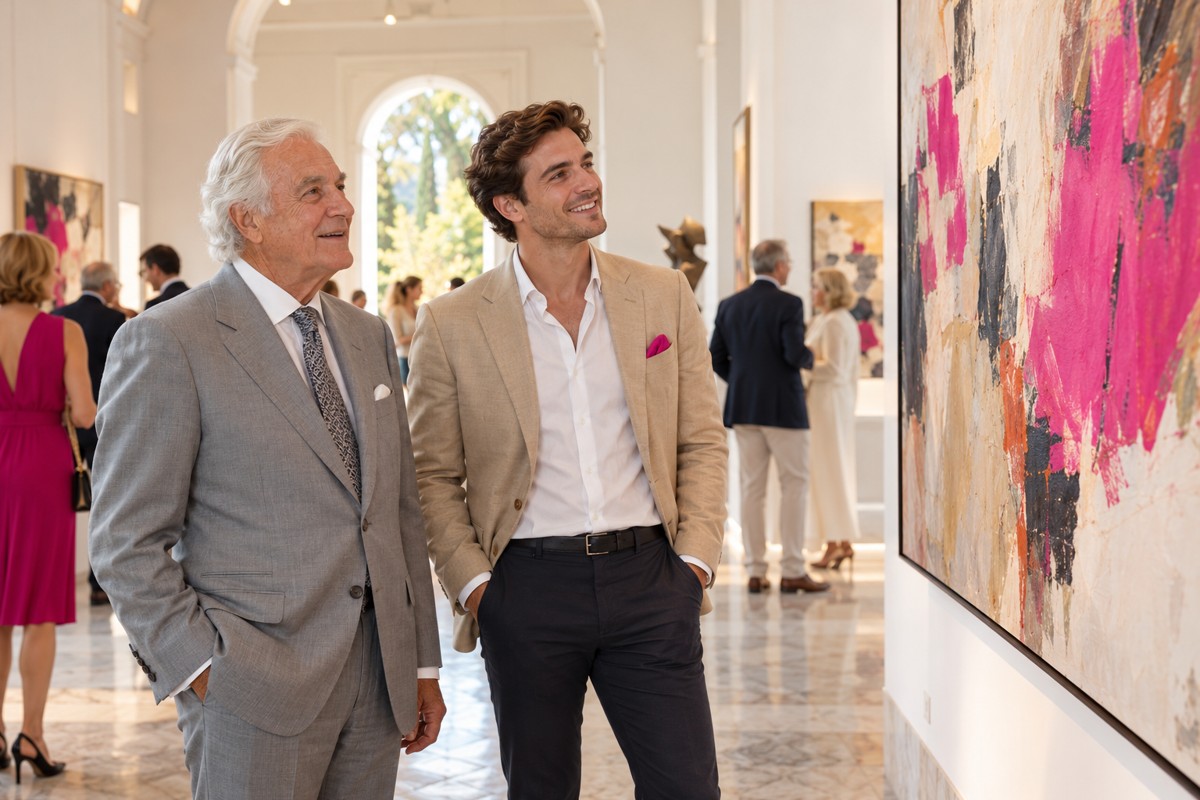 Un señor y su acompañante disfrutan de una exposición de arte